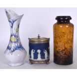 A WEDGWOOD JASPERWARE BISCUIT BARREL, together with a German vase and a large Vallauris vase. Large