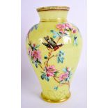 AN EDWARDIAN BOHEMIAN YELLOW OVERLAID ENAMELLED GLASS VASE decorated with birds in the manner of Mo