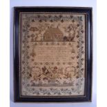 AN EARLY 19TH CENTURY FRAMED ENGLISH SAMPLER C1832 by Ann Field Aged 12 Years. Sampler 45 cm x 32 c