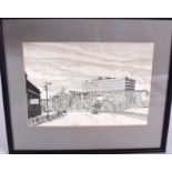 A FRAMED PEN & INK DRAWING WESTERN INFIRMARY HOSPITAL GLASGOW, in a black acrylic frame. 18.5 cm x