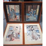 A SET OF FOUR JAPANESE MEIJI PERIOD WATERCOLOURS, depicting figures in various pursuits. 34 CM X 24