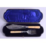 A PAIR OF ANTIQUE SILVER AND IVORY FISH FORK AND SLICE. London 1901.