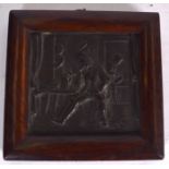 A 19TH CENTURY CAST BRONZE PLAQUE, depicting a tavern scene. 15 cm x 15 cm.