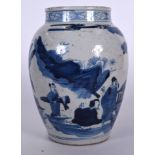 A 20TH CENTURY CHINESE BLUE AND WHITE PORCELAIN VASE, painted with scholars in a landscape. 22 cm h