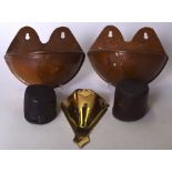 A PAIR OF EARLY 20TH CENTURY COPPER WALL SCONCE, together with a brass example and a pair of hooves