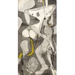 A 1950'S UNFRAMED ABSTRACT MIXED MEDIA PENCIL AND WATERCOLOUR, depicting two figures in a sexual em