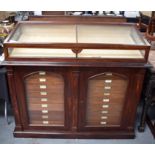 A FINE LARGE PAIR OF ANTIQUE MUSEUM DISPLAY CASES with rising tops and fitted drawers to the base.