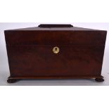 A 19TH CENTURY ROSEWOOD TEA CADDY, formed with a mother of pearl escutcheon and bun feet. 31 cm wid