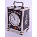 A FINE ANTIQUE SILVER AND TORTOISESHELL TRAVELLING CLOCK inlaid with swags. 10 cm x 6.5 cm.