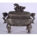 A CHINESE WHITE METAL KORO & COVER BEARING XUANDE MARKS, formed with twin handles and mask head leg