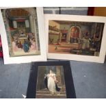 TWO ANTIQUE COLOURED PRINTS OF RELIGIOUS INTEREST, together with one depicting a standing female. L