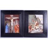 A LARGE PAIR OF 19TH CENTURY FRENCH PORCELAIN PLAQUES within ebonised frames. Porcelain 24 cm x 28