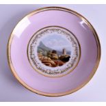 AN EARLY 19TH CENTURY FLIGHT BARR AND BARR SAUCER painted with Malvern Church, Worcestershire. 19 c
