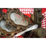 THREE ANTIQUE GILTWOOD FRAMED MIRRORS, together with a brass box and cover etc. (qty)