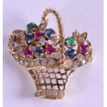 AN 18CT GOLD DIAMOND INSET BROOCH IN THE FORM OF A BASKET, inlaid with ruby, emerald and sapphire.