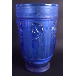 A STYLISH CZECH ART DECO BLUE GLASS VASE decorated with classical figures. 25 cm high.