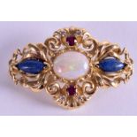 A GOOD 18CT GOLD OPAL DIAMOND AND RUBY BROOCH. 9.6 grams. 3.5 cm x 1.5 cm.