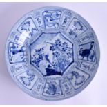 A 17TH CENTURY CHINESE SHIPWRECK BLUE AND WHITE CIRCULAR DISH painted with birds. 33 cm diameter.