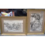 A PAIR OF MONOCHROME WASH PAINTING, signed, depicting figures in a cart, together with another simi