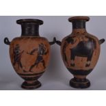 A LARGE PAIR OF GREEK TWIN HANDLED POTTERY VASE, painted with figures in various pursuits beneath g