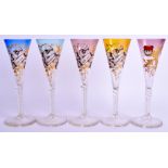 A SET OF FIVE ANTIQUE ENAMELLED LOBMEYR DRINKING GLASSES painted and gilded with ribbons. 19 cm hig