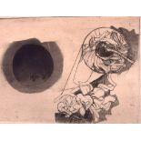 AN UNFRAMED 1950'S ABSTRACT ETCHING, depicting a fallen figure. 9 cm x 13 cm.