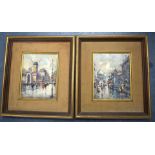 A FRAMED PAIR OF FRENCH IMPRESSIONIST OIL ON CANVAS, street scene, together with another similar, s