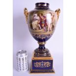 A GOOD 19TH CENTURY VIENNA TWIN HANDLED PORCELAIN VASE painted with figures within landscapes, upon