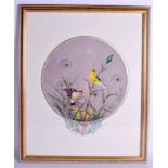 A CHINESE PAINTED WATERCOLOUR SILK ROUNDEL depicting two birds amongst foliage. Silk 27 cm high.