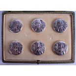 A LOVELY SET OF ART NOUVEAU SILVER BUTTONS decorated with classical maidens. Chester 1904. (6)