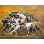 ARABIC SCHOOL (20th century) FRAMED OIL ON CANVAS, figures charging on horseback. 27 cm x 33.5 cm.