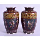 A PAIR OF EARLY 20TH CENTURY JAPANESE MEIJI PERIOD SILVER CLOISONNÉ ENAMEL VASES. 9.75 cm high.