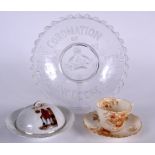 A COMMEMORATIVE MUFFIN DISH AND COVER, together with a glass dish, porcelain cup and saucer. (qty)