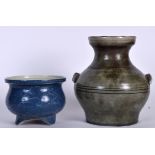A 20TH CENTURY CHINESE BLUE GLAZED TRI LEGGED PORCELAIN CENSER, together with a green glazed vase.
