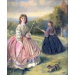 EUROPEAN SCHOOL (19th century) FRAMED OIL ON PANEL, two females in a landscape beside a dog, signed