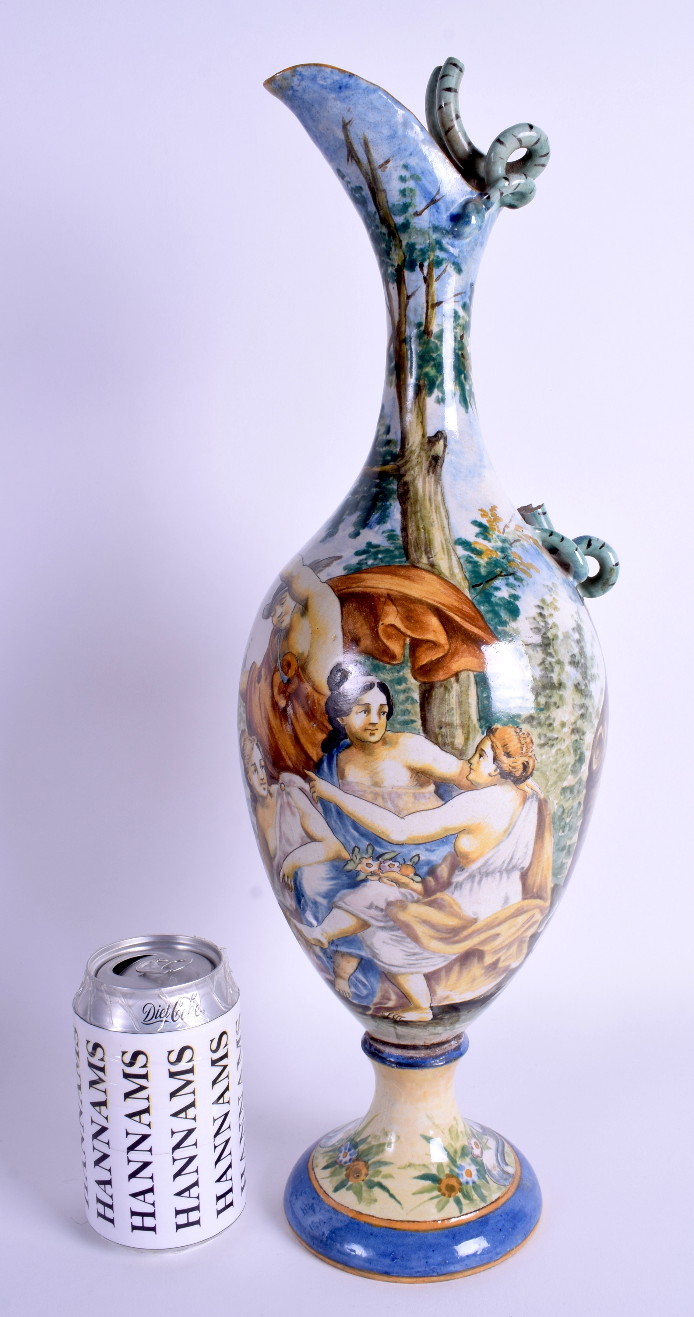 A LARGE 19TH CENTURY ITALIAN MAJOLICA EWER painted with figures. 44 cm high.