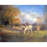 WILLIAM HENRY DAVIS (1783-1865) UNFRAMED OIL ON CANVAS, signed, figures with horses in a landscape.