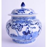 A 19TH CENTURY CHINESE BLUE AND WHITE BOWL AND COVER painted with figures. 17 cm x 11 cm.