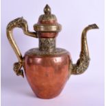 A 19TH CENTURY CHINESE TIBETAN BRASS AND COPPER EWER decorated with foliage. 29 cm x 23 cm.