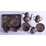 A RARE 19TH CENTURY JAPANESE MEIJI PERIOD CLOISONNÉ ENAMEL TEASET ON TRAY decorated with birds and