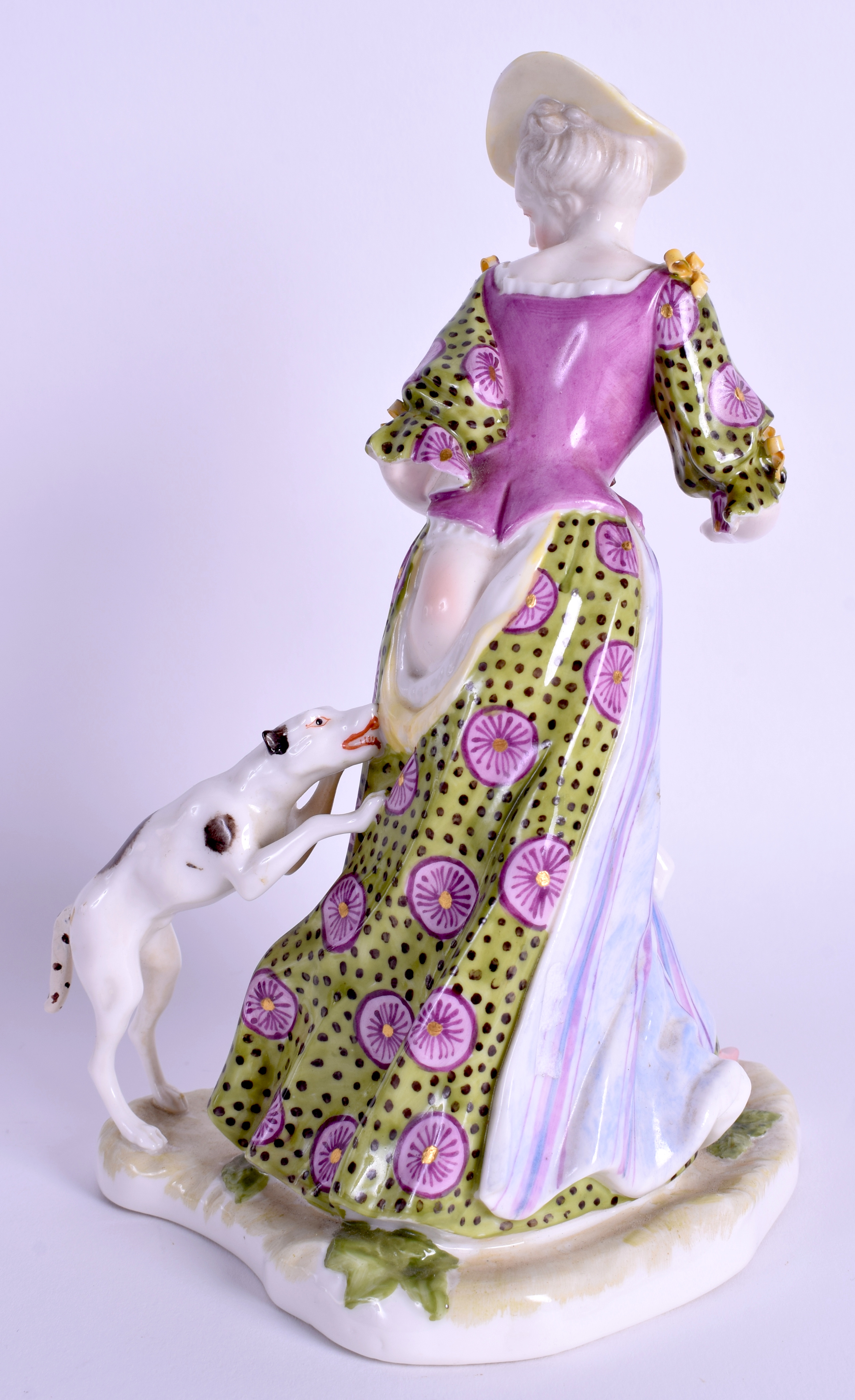 A 19TH CENTURY GERMAN PORCELAIN FIGURE OF A FEMALE modelled in a coloured dress beside a hound. 19 - Image 2 of 3