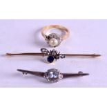 AN 18CT GOLD AND DIAMOND RING INSET WITH A PEARL, together with two brooches. (3)