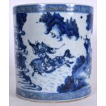 A LARGE 20TH CENTURY CHINESE BLUE AND WHITE PORCELAIN BRUSH POT, decorated with figures in a landsc