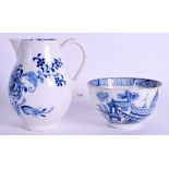 AN 18TH CENTURY LIVERPOOL BLUE AND WHITE SPARROWBEAK JUG together with an English porcelain teabowl