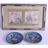 AN EARLY 20TH CENTURY CLOISONNÉ ENAMEL PIN DISH together with a framed pair of pictures depicting