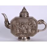 A CHINESE WHITE METAL TEA POT, decorated in relief with figures in a fenced garden, Qianlong marks