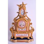 A 19TH CENTURY FRENCH ORMOLU AND SEVRES PORCELAIN MANTEL CLOCK painted with putti and flowers. Cloc