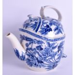 A RARE ANTIQUE WEDGWOOD BLUE AND WHITE CHISWICK TEAPOT AND COVER decorated with flowers. 21 cm wide