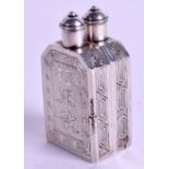 AN UNUSUAL CHINESE SILVER DOUBLE SNUFF BOTTLE, incised with calligraphy. 4.2 cm wide.