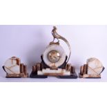 A LARGE FRENCH ART DECO MARBLE CLOCK GARNITURE. Mantel 42 cm x 28 cm. (3)